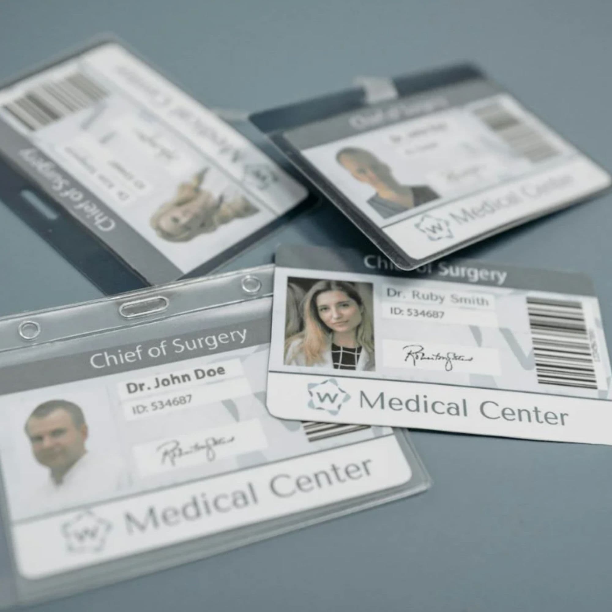 Healthcare ID badges representing credential verification.